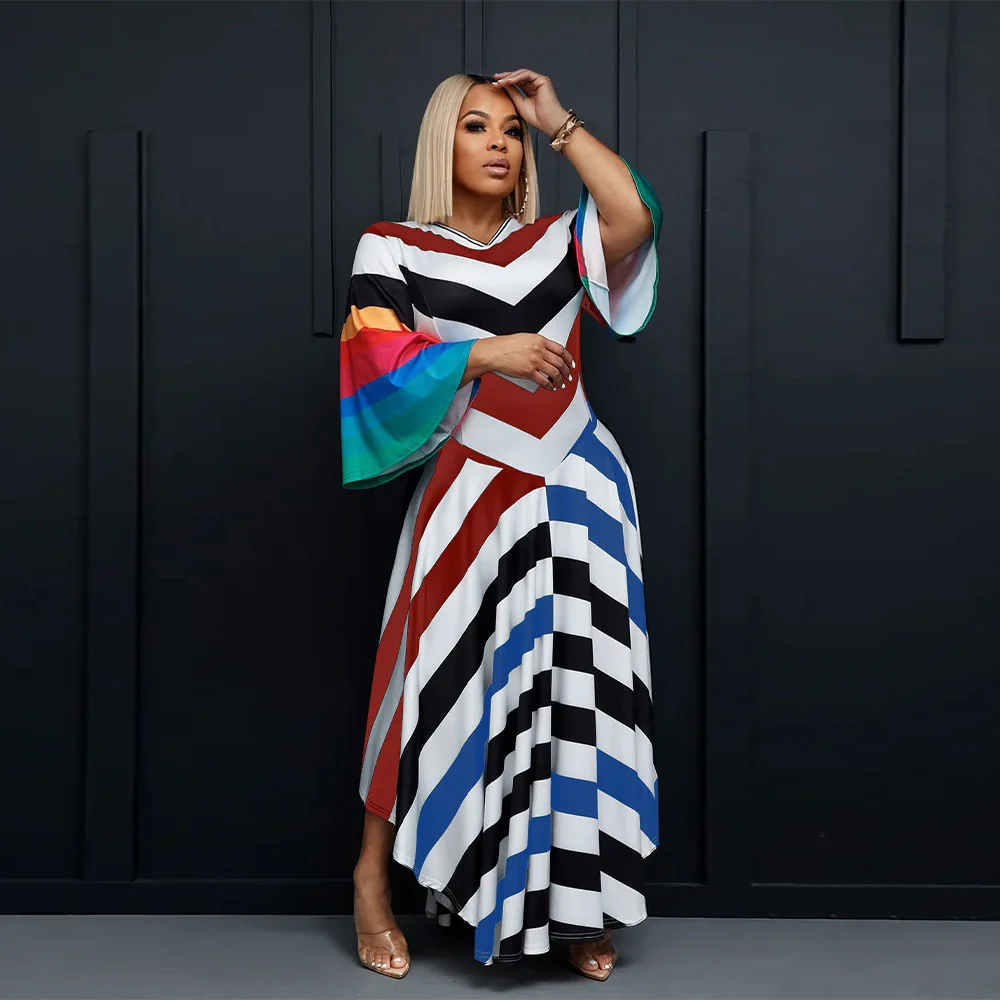 

Women Striped Flare Long Sleeve V-neck Big Swing Maxi Long Dress 2023 Sexy Party Street Vestidos Dresses