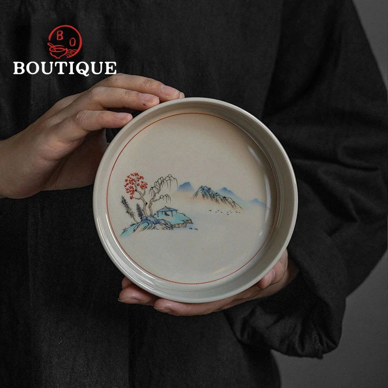 

Chinese Sanck Fruit Plate Plant Ash Glaze Ceramic Pot Bearing Holder Retro Flower Bird Art Dry Bubble Plate Household Tea Tray