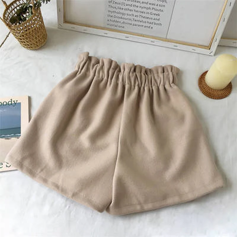 2023 New High Waist Wide Leg Black Brown Shorts Women Spring Autumn Solid Color Short Casual Ladies Woolen Shorts Elastic
