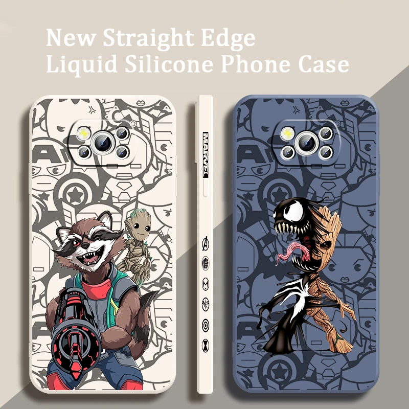 

Hero Marvel cute Groot Case For Xiaomi Mi Poco X4 X3 M4 M3 F4 F3 GT Pro NFC 5G Soft Liquid Left Rope Phone Cover