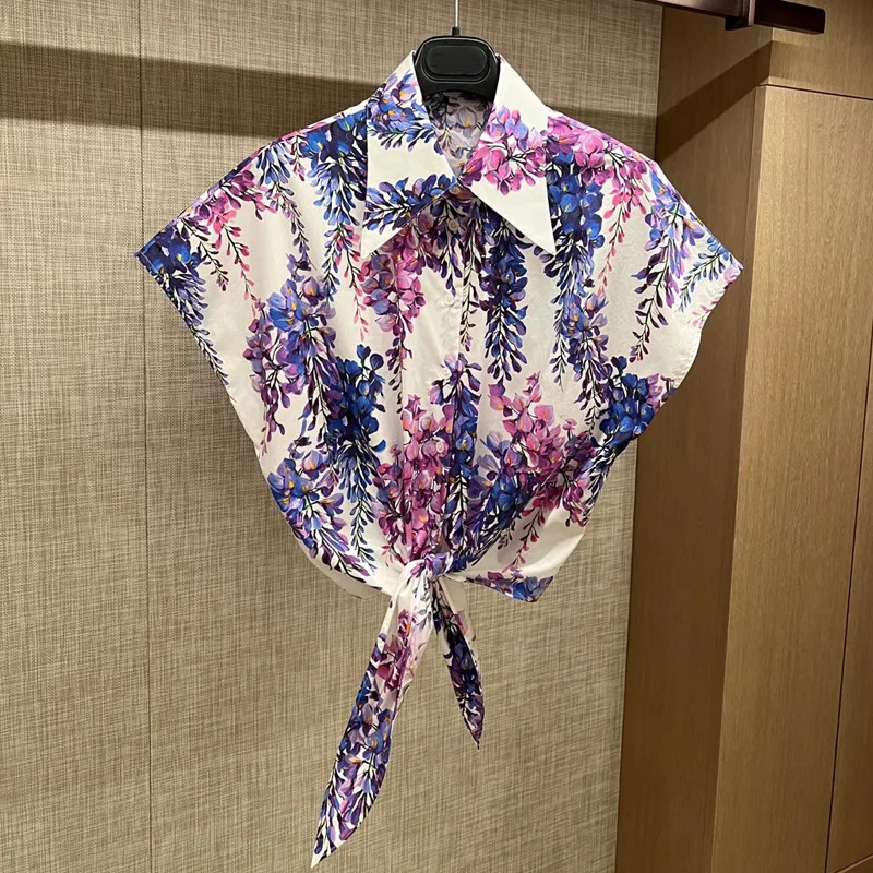 

High Quality Summer Women's Top cotton Wisteria Flower Print Bow Sleeveless Shirt + Mid-Length Skirt Vacation Suit Provide label