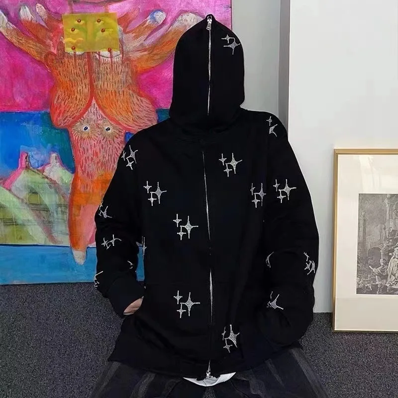 

Star Diamond Zipper Hoodies Y2K Black Sweatshirt Oversize Long Sleeve Loose Coats Streetwear Hip Hop Zip Up Hoodie