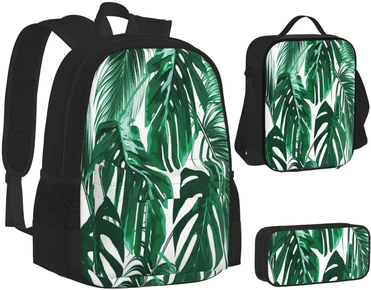 Kids School Backpack Green Plant Schoolbag Travel Bag Casual Daypack Lunch Bag Pencil Case for Boys Teens Girls 3pcs Sets