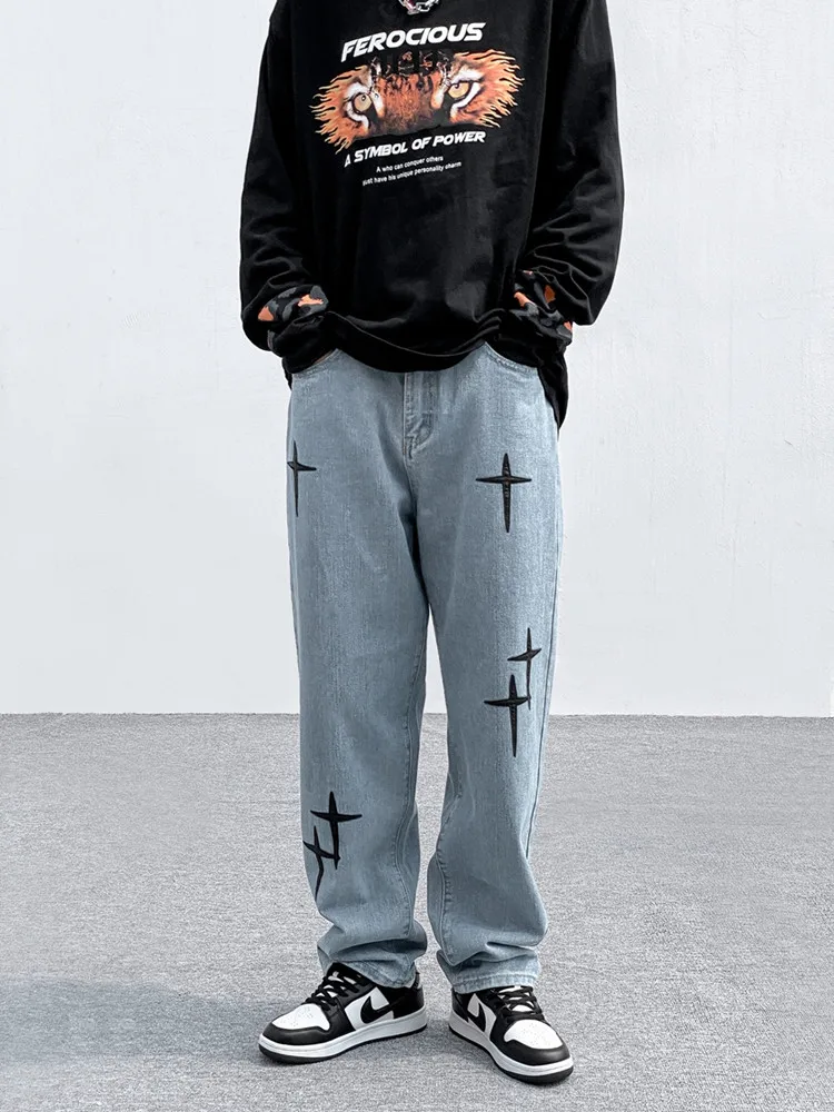 European and American High Street Vibe Style American Retro Loose Blue Men's Jeans Straight Casual All-match Trousers Denim