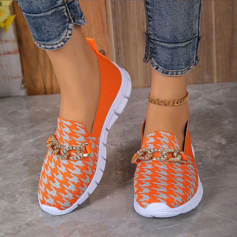 Houndstooth Loafers Woman Luxury Rhinestone Chain Buckle Moccasins Ladies Summer Breathable Knitted Slip-on Sneakers Plus Size