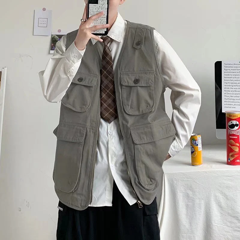 

TFETTERS 2023 Summer Jacket for Men Loose Multi Pocket Japanese Style Hip Hop Streetwear Men Coat Thin Solid Casual Men Clothing