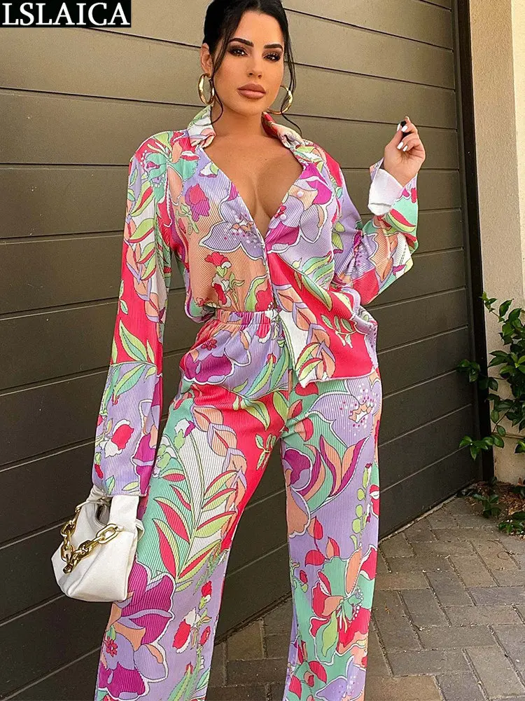

Pleated 2 Piece Sets Womens Outfits Floral Print Two-piece Winter Women's Suits Wide Leg Pants Suit Autumn 2022 Classy Fashion