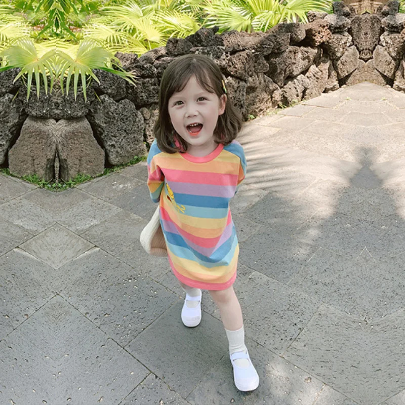 

Dress Girl Clothes Sweet Cartoon Print Rainbow Striped Casual Princess Dresses Fashion Loose 2-7 Age quality Children's Clothing