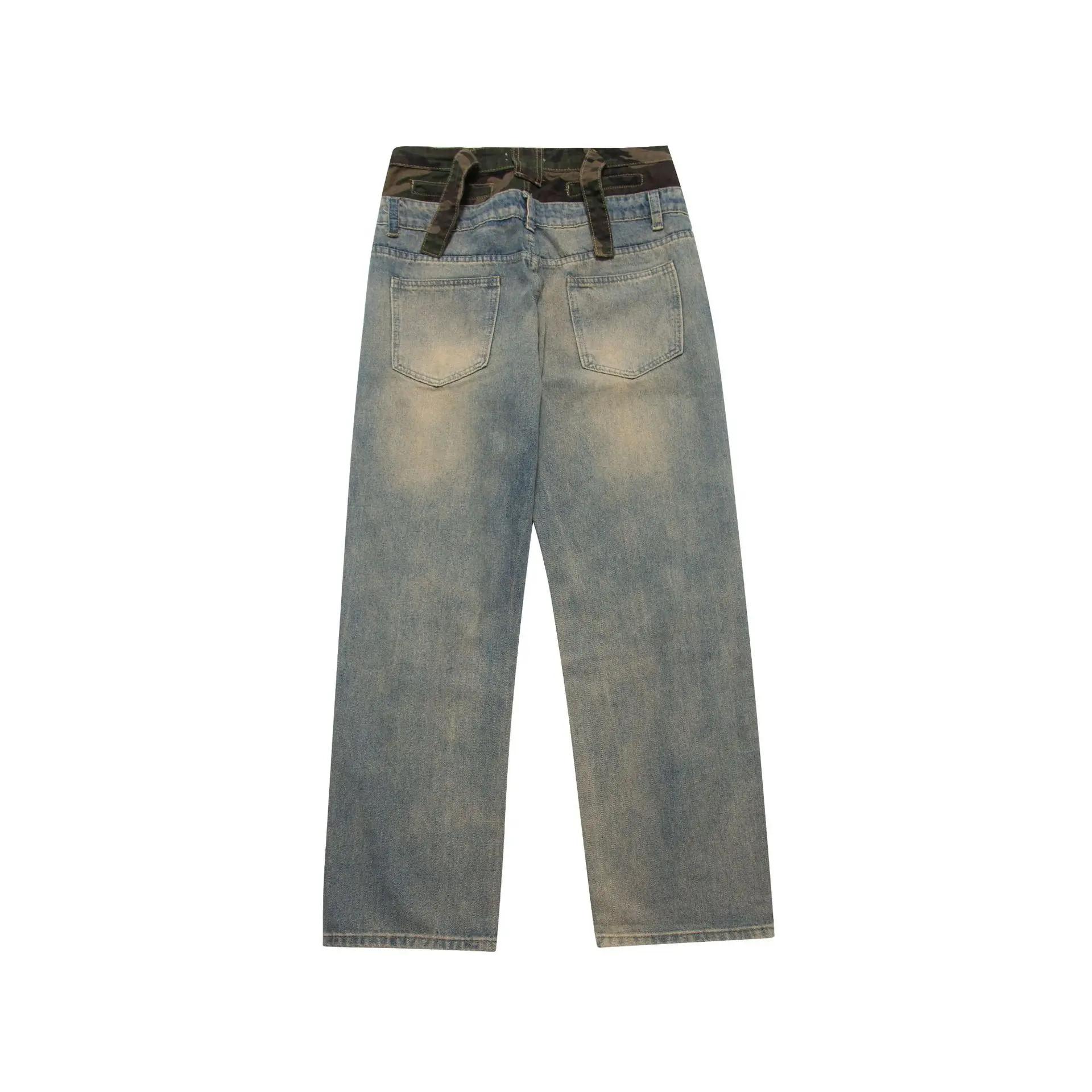 American retro camouflage fake two-piece straight men's jeans autumn all-match tide brand casual button trousers y2k