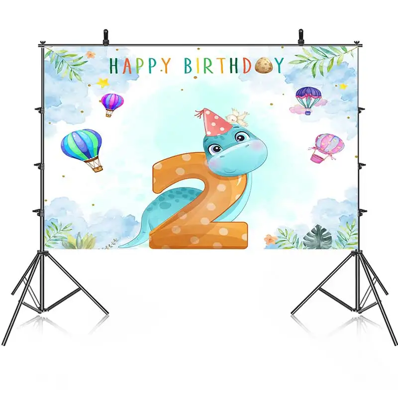 

Cute Dinosaur Two Years Old Birthday Backdrop Photography Cake Smash Air Balloons Blue Boy Background Party Banner Custom Name