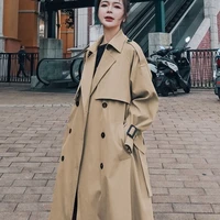 khaki long trench england style knee length loose coats women spring autumn fashion solid colors double breasted lapel outwears