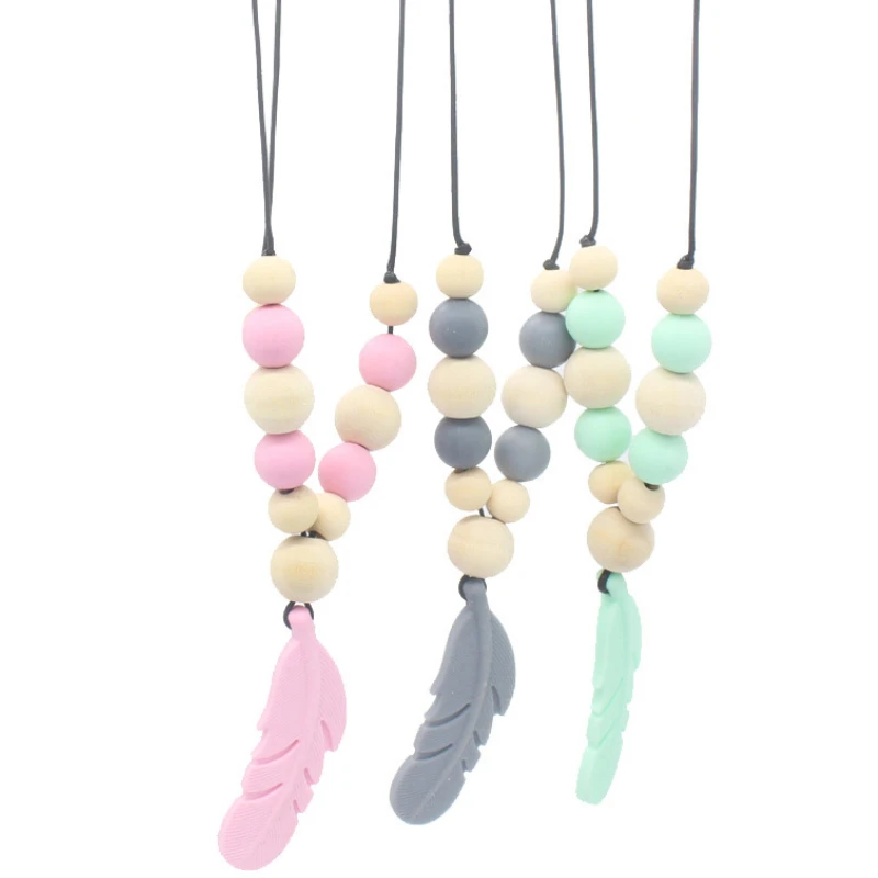 Food Grade Silicone Teether Feather Beads Long Chain Baby Teething Necklace Newborn Infant Soothe Gift Baby Nursing Chewing Toys