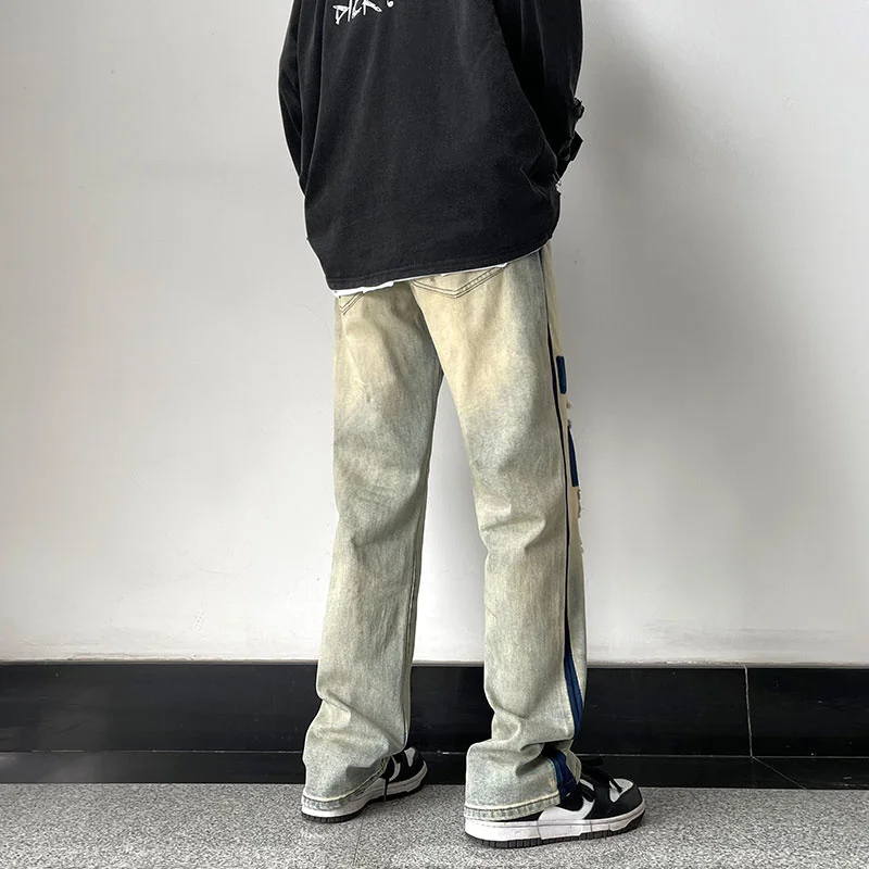 Ripped Patch Baggy Jeans Men's Fashion Retro Casual Straight Jeans Men Streetwear Loose Hip Hop Hole Denim Pants Mens Trousers