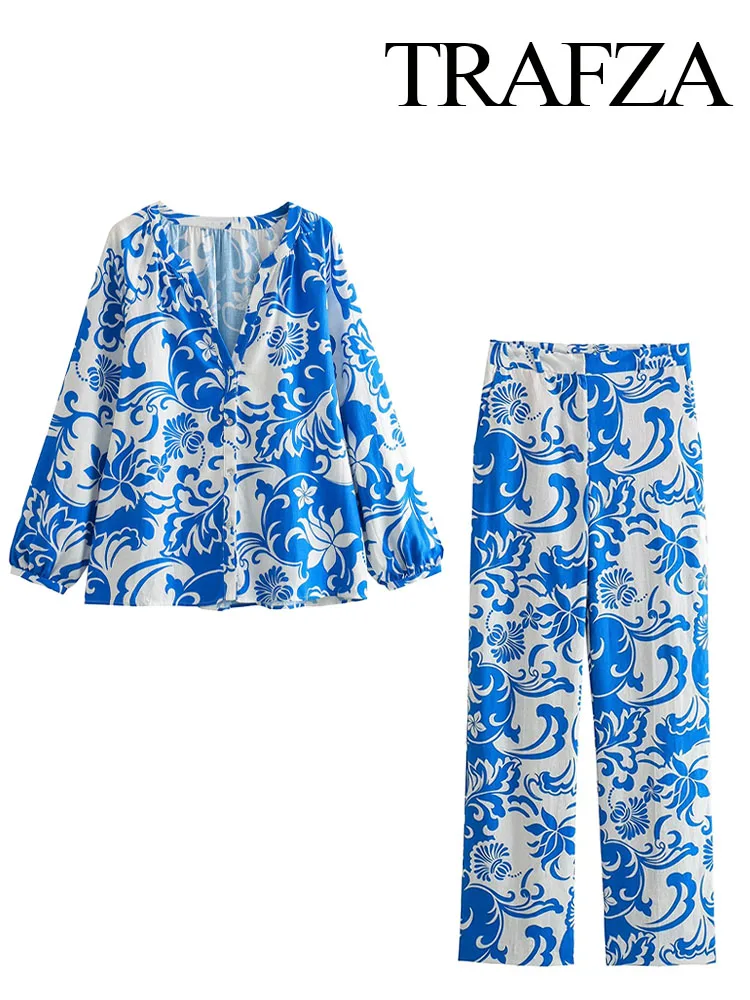 

Женский костюм с принтом TRAFZA, однобортная блузка на пуговицах с рукавами-фонариками и широкие брюки на молнии с карманами, лето 2019