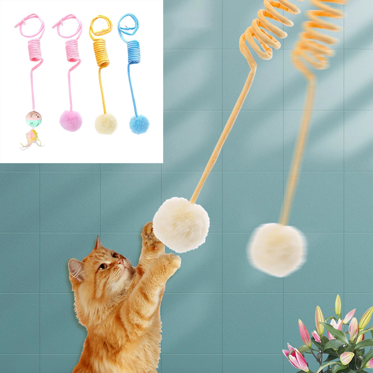 

4Pcs Wool Ball Cat Toy with Bell Soft Plush Ball Cat Teaser Funny Spring Ball Pet Toy Hanging Self-Playing Cat Scratch Rope Cat