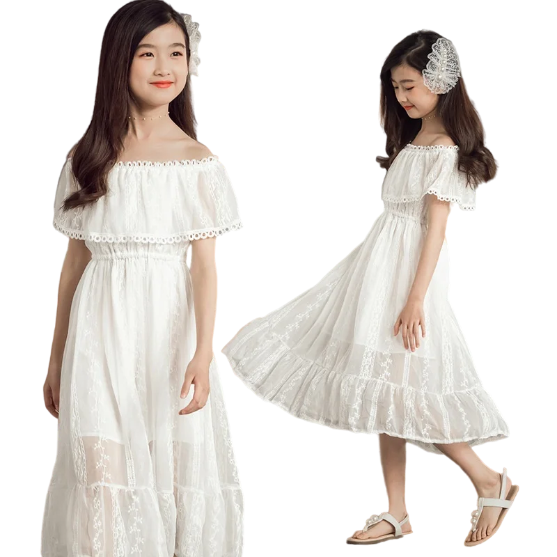 

2022 Summer Lace Princess Long Dresses For Teenage Girls Shoulderless White Cotton Kids Maxi Prom Wedding Party Dress 9 12 13 14
