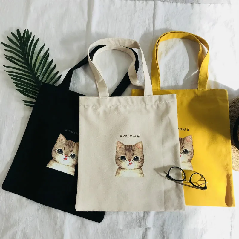 

Холщовая Сумка с милым мультяшным котом для женщин, повседневный тоут на плечо, большая Экологически чистая многоразовая Сумочка для покуп...