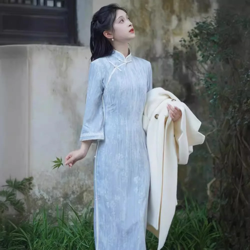 2024 женское новогоднее синее платье Cheongsam в китайском стиле улучшенное винтажное
