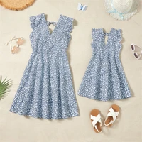 v neck mother daughter matching dresses family set ruffled sleeve mommy and me clothes fashion woman girls dress outfits 2022