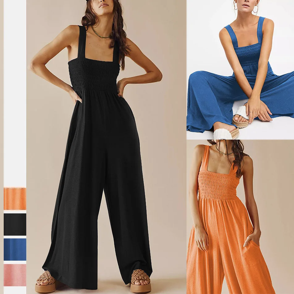 

Summer New Women's Jumpsuit Solid Color Sleeveless Tube Top High Waist Wide Leg Pants Sexy Sports Fitness Loose Jumpsuit Women