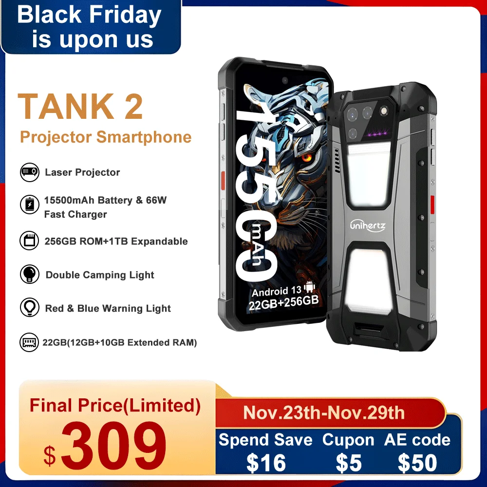 

Unihertz 8849 tank 2 projector up to 22GB 256GB 108mp 32mp 64MP night vision double camping light 15500mAh G99 support TF SD NFC