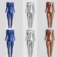 sexy shiny glossy satin tight jumpsuit smooth long sleeve open crotch leggings running sportswear body suits for women romper