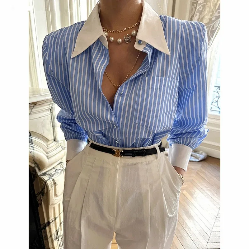Fashion Lapel Patchwork Striped Blouses Women Tops Long Sleeve Single-breasted Loose Female Shirts Spring Blusas 8096