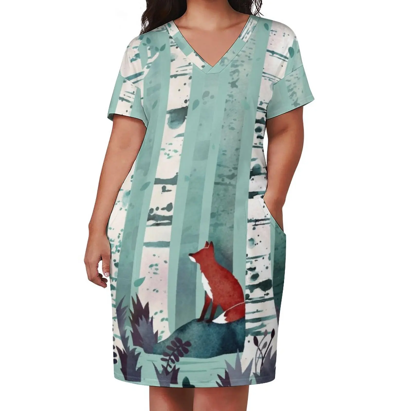 Red Fox Print Casual Dress Woman The Birches Print Elegant Dresses Summer V Neck Aesthetic Graphic Dress Plus Size