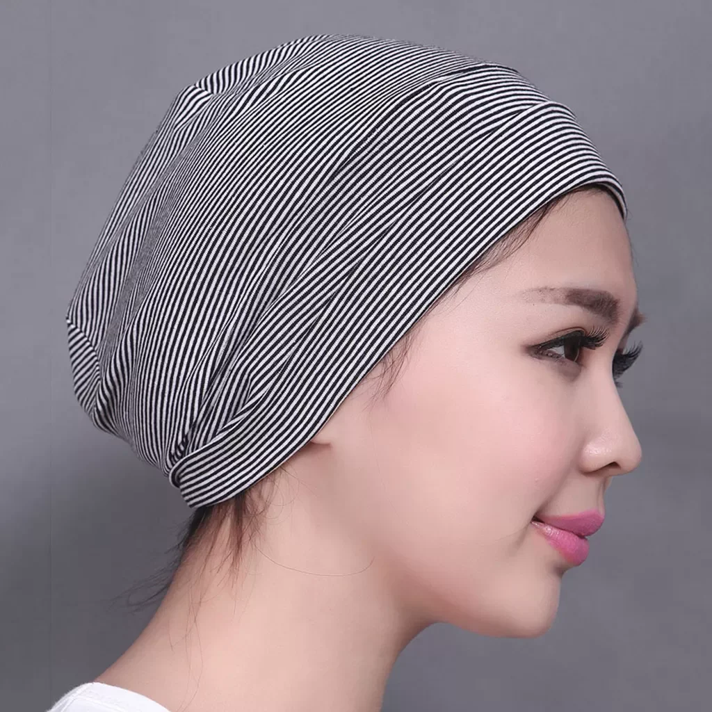 

Adult Unisex All Cotton Night Cap Sleep Eyecover Striped Headcap Black White