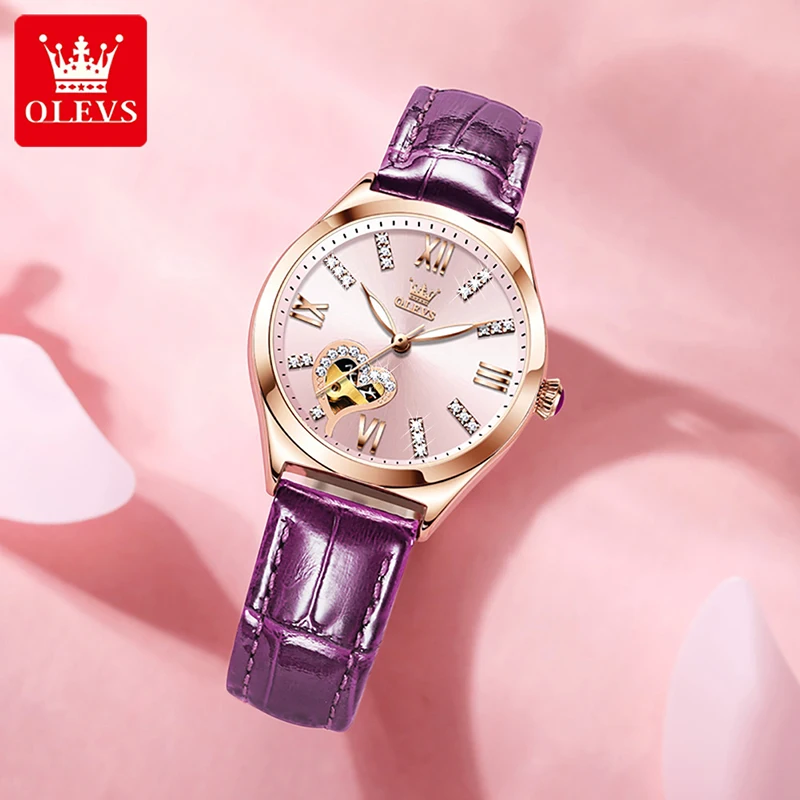 OLEVS New Luxury Rose Gold Case Purple Leather Strap Womens Watches Luxury Diamond Waterproof Mechanical Watch For Women 6636