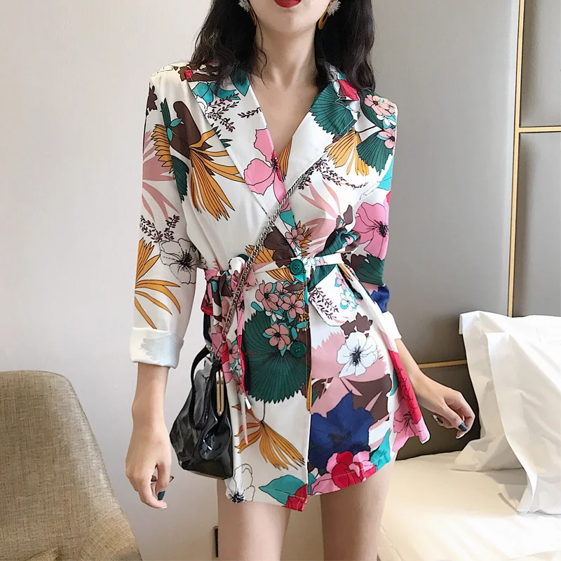 Multicolor Forest Printed Blazer with Bandage Women Mid-Length Single Breasted Suit Summer Indie Fashion Casual Office Blazer OL