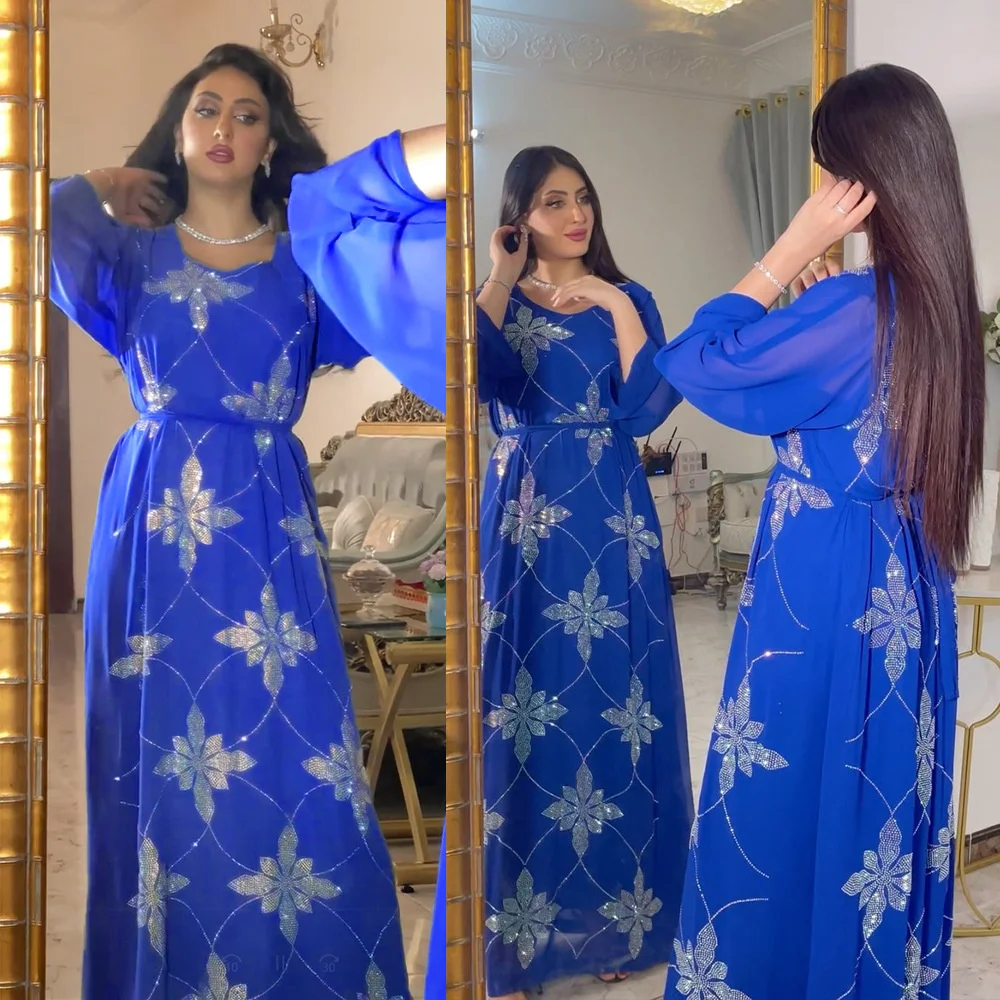 Turkish Kaftan Caftan For Women Muslim Snowflake Pattern Thickened Chiffon Gary Belt Dress Women Abaye With Long Sleeves