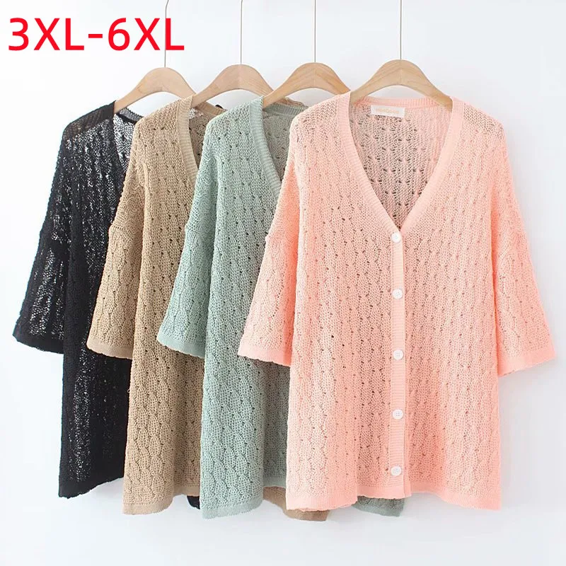 

New 2022 Ladies Summer Plus Size Knit Tops For Women Large Short Sleeve Loose Hollowed Out Pink Sunscreen Shirt 3XL 4XL 5XL 6XL