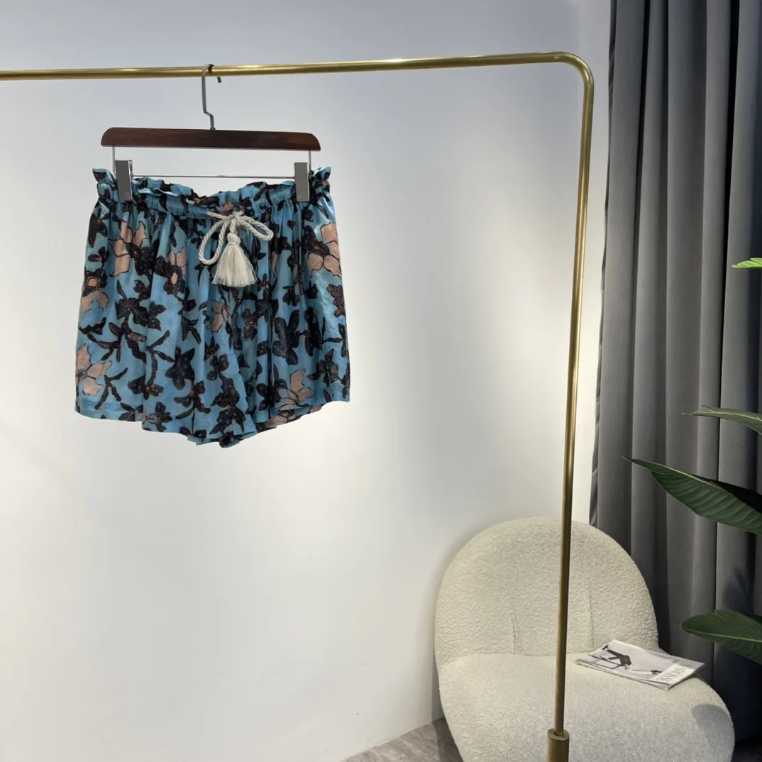 Orange Blue Multicolor Floral Print Elastic Waist Shorts with Tassel String Belt 2022 Summer High Quality Vintage Clothes Women