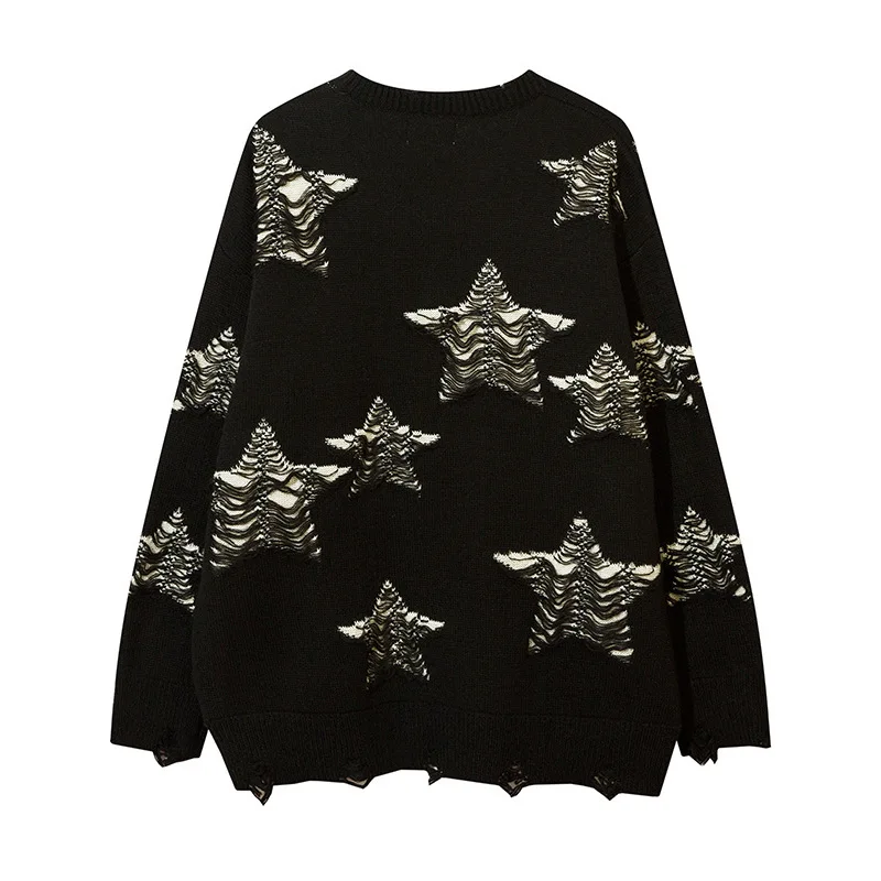 

Вязаный свитер в американском стиле ретро и уличном стиле в стиле хип-хоп Y2K, модный свободный свитер с круглым вырезом и длинным рукавом и рваными звездами для мужчин и женщин, осень 2023