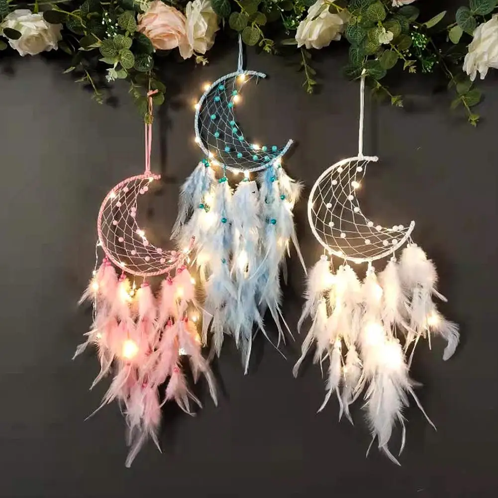 

1pc Wall Hanging Decor Dream Catcher Pendant Lamp Feather Hand-woven Moon Decoration