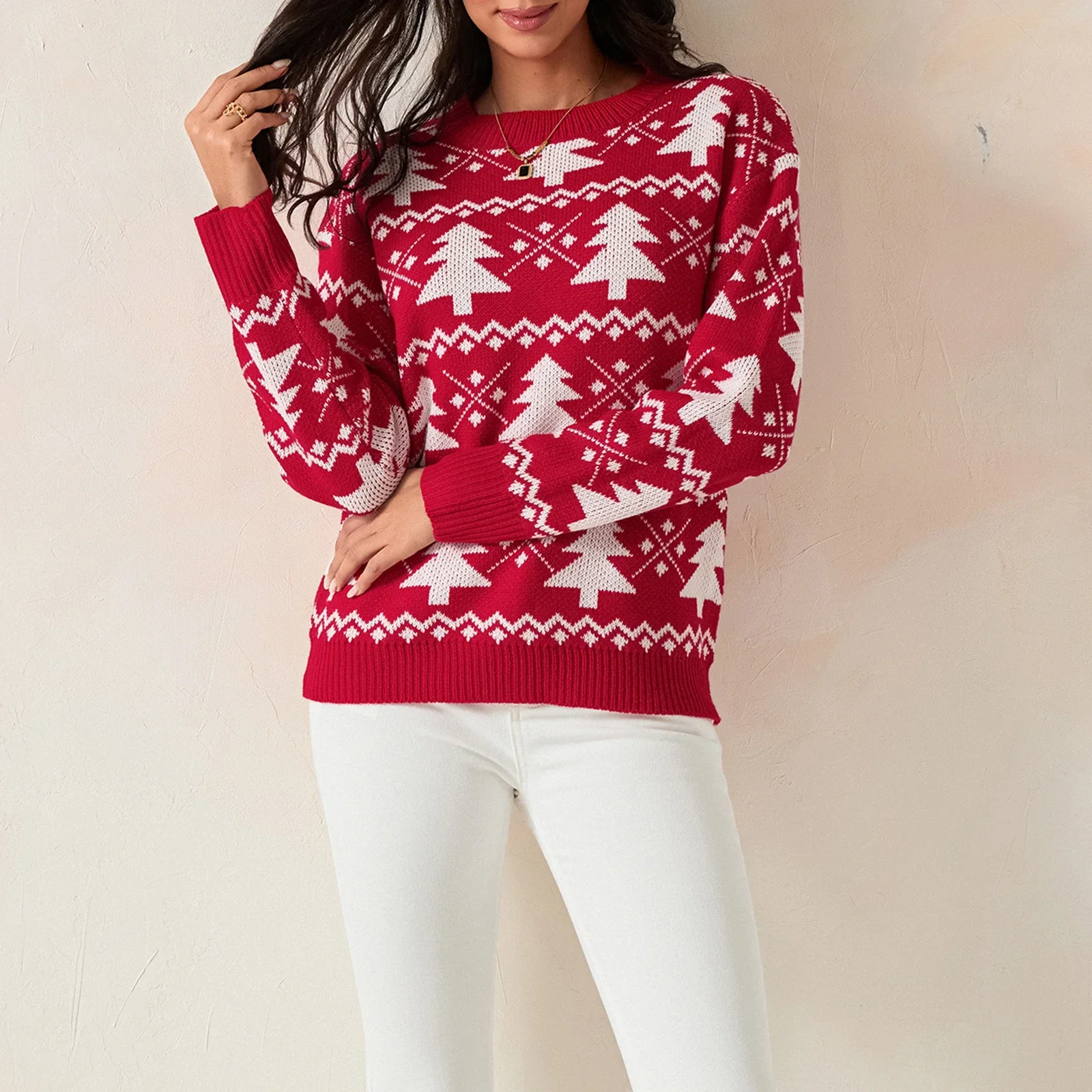 Женский вязаный свитер с рождественской елкой пуловеры длинными рукавами и