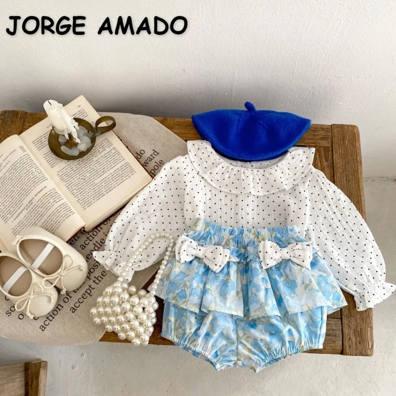 

New Spring Autumn Baby Girl Set Round Dot Ruffle Collar Shirt+Cute Bow Floral Print Shorts Newborn 2-piece Suit Clothes E66077