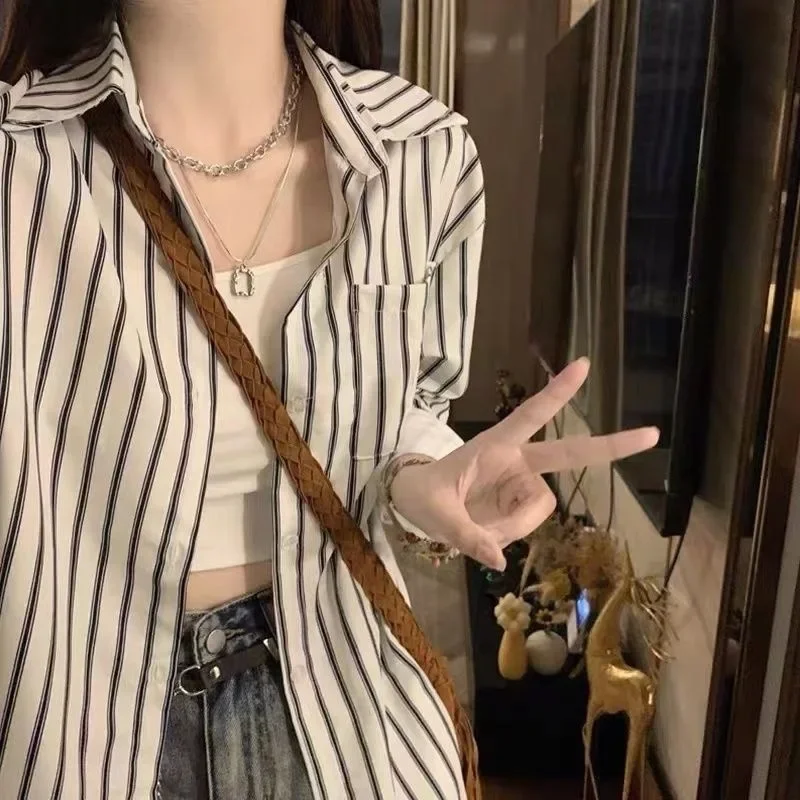 Женская шифоновая блузка с длинным рукавом и полосатым принтом в гонконгском