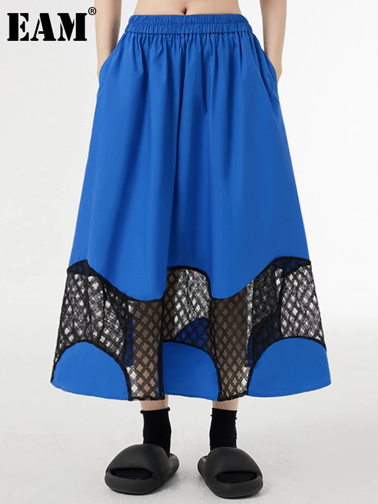 

[EAM] High Elastic Waist Blue Perspective Color-block Long Half-body Skirt Women Fashion Tide New Spring Autumn 2023 1DF8797