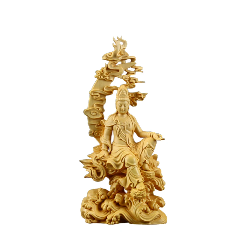 

Guanyin Buddha Statue Boxwood Carving Kwan-yin Chinese Desk Sculpture Office Figure Home Decor Gifts Craft Ornament