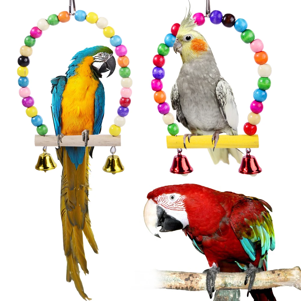 

Natural Wooden Birds Perch for Parrots Reliable & Chewable Hanging Swing Cage With Colorful Beads Bells Lovely Pet Toy