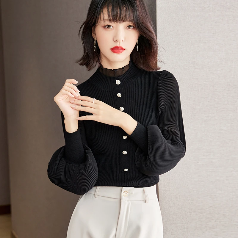 

Эластичный вязаный женский свитер, сезон весна-осень, однотонный Модный повседневный Свободный пуловер с длинным рукавом, корейский топ, но...