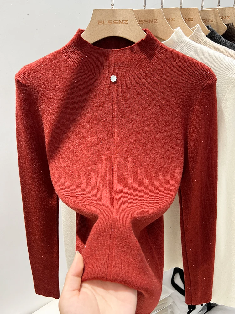 Ankela Red Half-high Collar Knit Women Bottoming Shirt Autumn and Winter Inner wear Can Be Worn outside Slim fit Top Pu... |