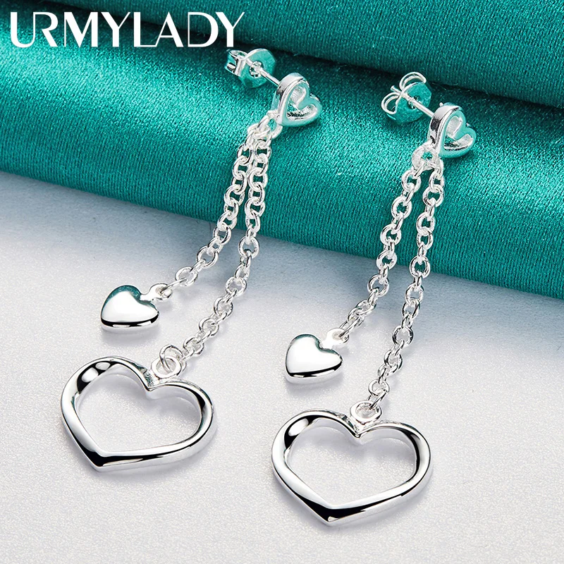 

URMYLADY 925 Sterling Silver Hollow Solid Heart Earrings Eardrop For Women Charm Wedding Fashion Engagement Jewelry