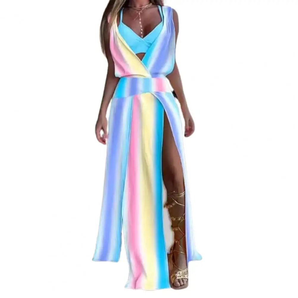

Женское платье без рукавов с глубоким V-образным вырезом, облегающее платье с разрезом и принтом, летняя пляжная уличная одежда в стиле бохо