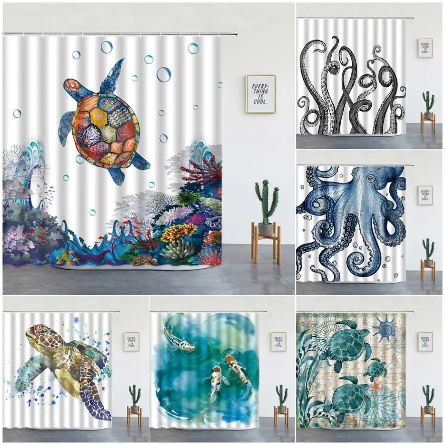 

Набор штор для душа с морскими животными, акварель, осьминог, коралловые рыбы, креативная современная ткань, декор для ванной комнаты, с крюч...