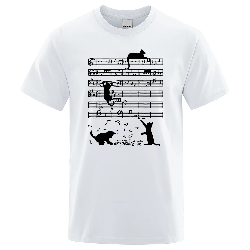 

Cotton T Shirt Printed Cat Playing Staves Funny T-shirts for Men Summer Short Sleeve Top Tee Shirts Casual Basic Mens T-shirt
