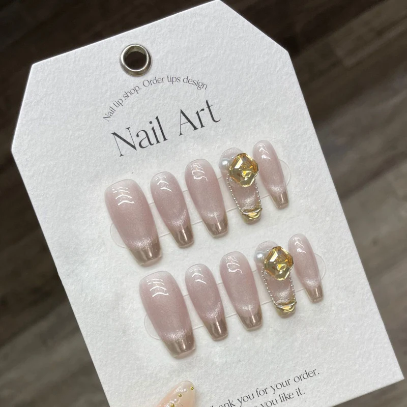 

Handmade Press on Nails Fairy Gliter Eye Cat Design Reusable Adhesive Fake Nails Korean Full Cover Nail Tips Manicure for Girl