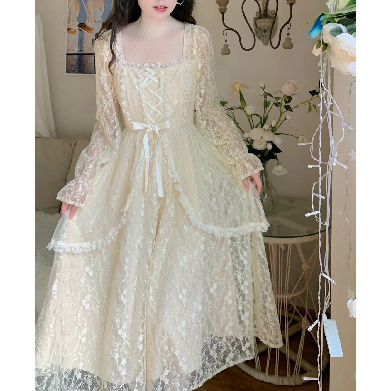 

Elegant Lace Long Sleeve Midi Dress French Retro Women Court Gentle Style Korean Dress Fairy Evening Lady Party Fairy Dress 2022